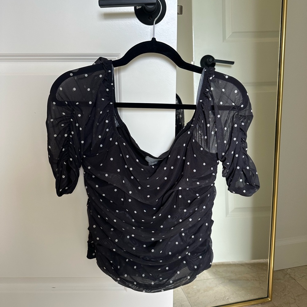 Anthropologie Black and White Ruched Puff Sleeve Blouse